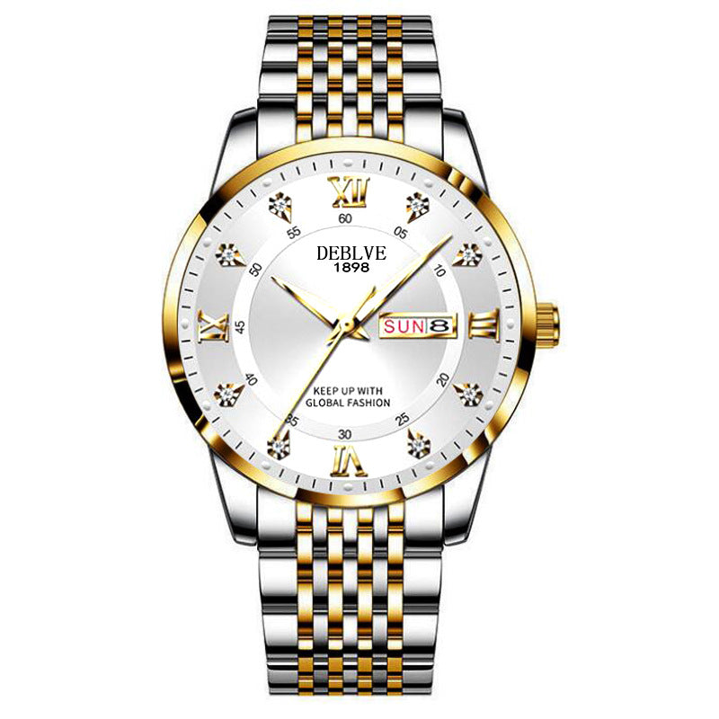 Men's solid band Double calendar Chinese and English luminous waterproof fashion fashion watch non-mechanical scanning needle watch