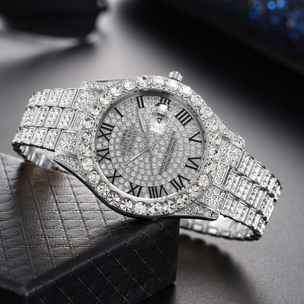 Internet Celebrity Watch Men's High-End Full Diamond Cross-Border Steel Band Fashion Rhinestone Calendar Quartz Watch Starry Men's Watch