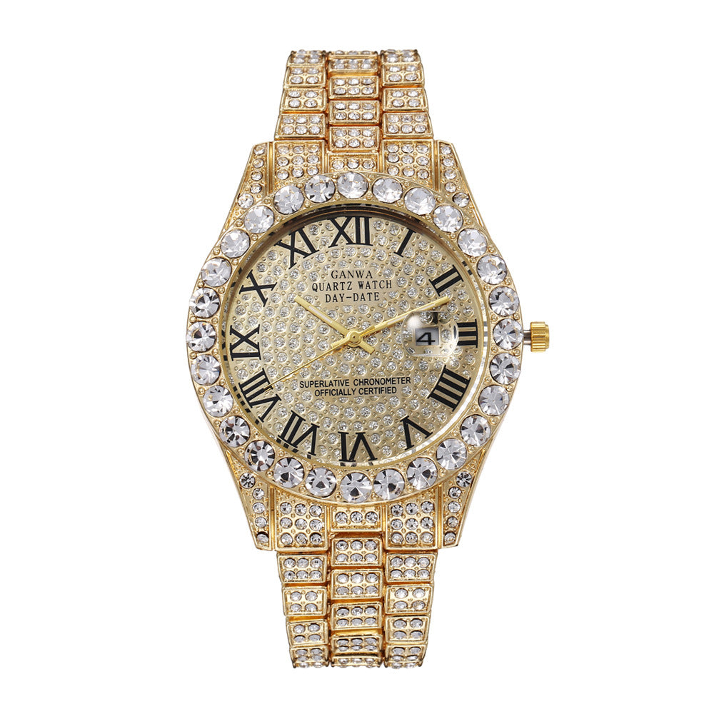 Internet Celebrity Watch Men's High-End Full Diamond Cross-Border Steel Band Fashion Rhinestone Calendar Quartz Watch Starry Men's Watch