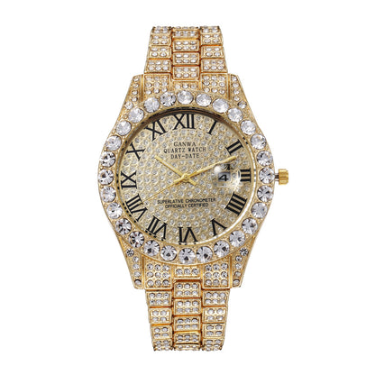 Internet Celebrity Watch Men's High-End Full Diamond Cross-Border Steel Band Fashion Rhinestone Calendar Quartz Watch Starry Men's Watch