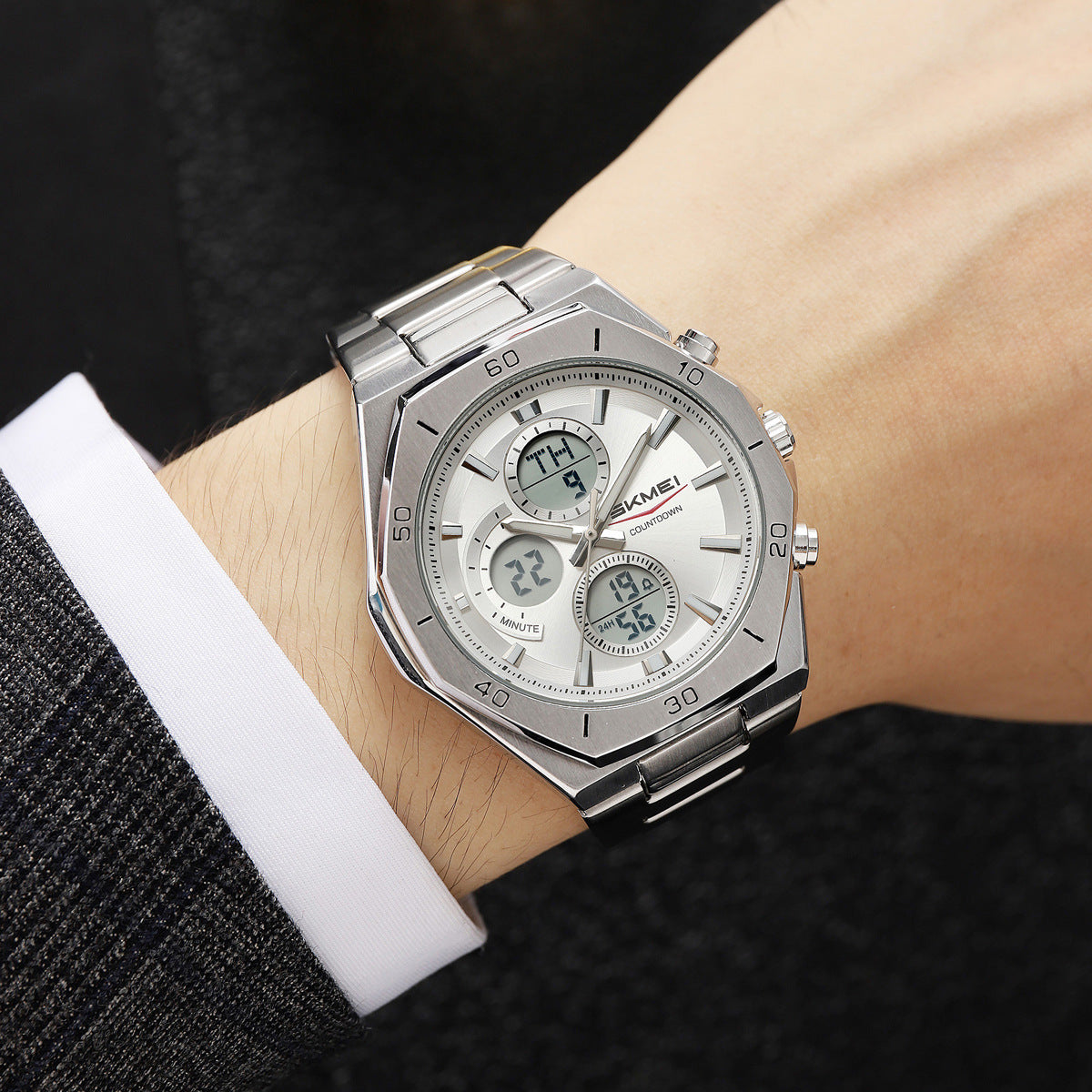 Ums Men's Steel Band Watch Dual Movement Waterproof Luminous Multi-Function Chronograph Watch Foreign Trade Cross-Border Spot Wholesale