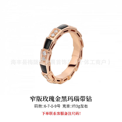 Baojia V Gold High Version Natural White Fritillaria Diamond-encrusted Wide Version Snake Ring Fashion Personality V All Light Luxury Snake Bone Ring