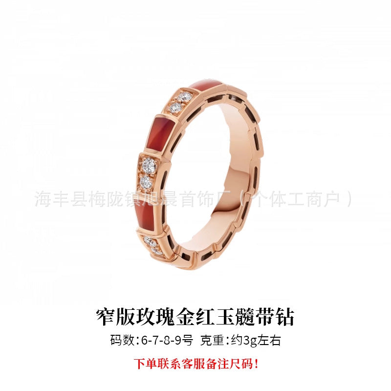 Baojia V Gold High Version Natural White Fritillaria Diamond-encrusted Wide Version Snake Ring Fashion Personality V All Light Luxury Snake Bone Ring