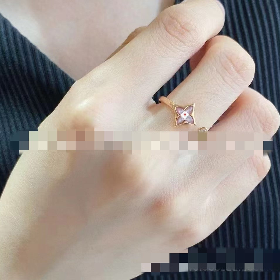 Donkey Home V Gold High Version Pointy Flower Round Cake Ring Women's Light Luxury Natural Fritillaria Thick Plating Fashionable Beautiful V Open Ring