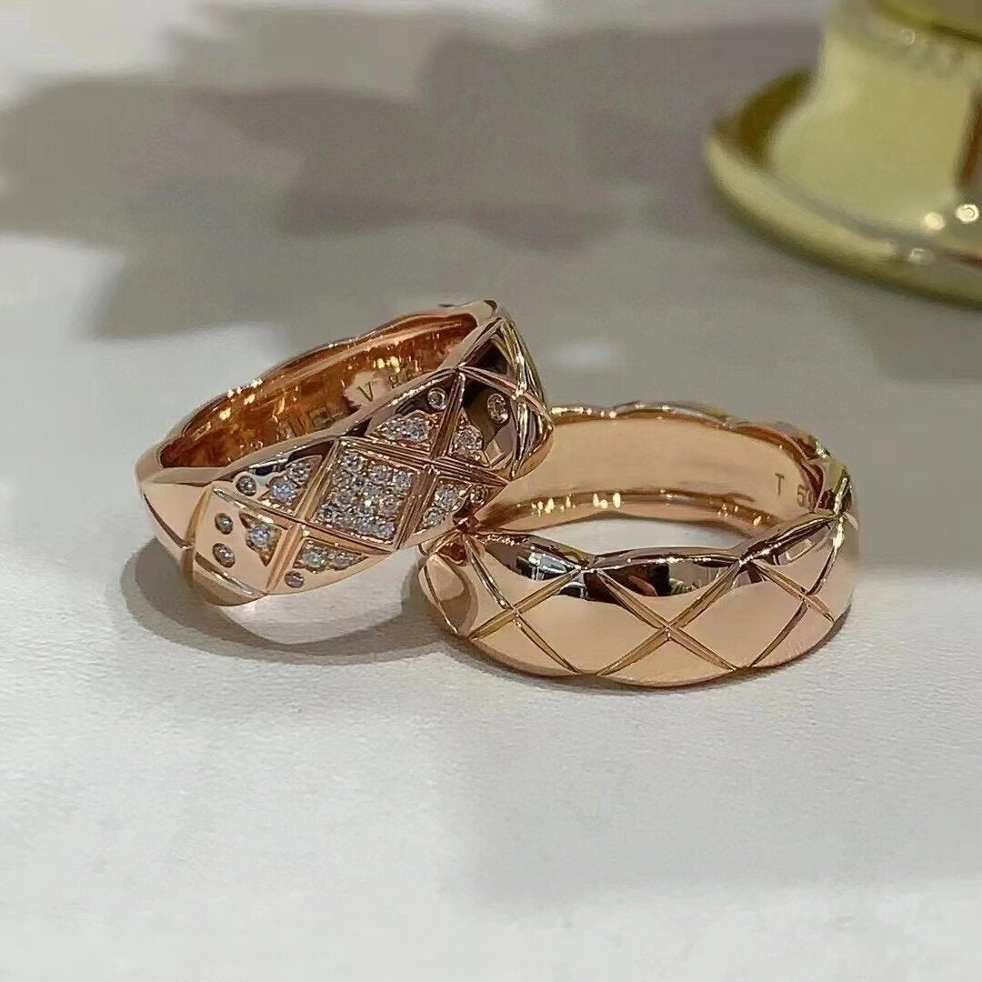 Xiao Xiang style coco rhombus ring for men and women 18k rose gold CNC wide narrow cross high version ring lovers