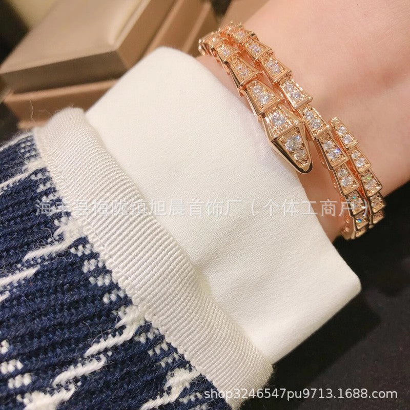 Snake-Shaped Bracelet for Women, Alloy Plated with 18K Rose Gold, Three Circles, V Multi-Circle Niche Design Bracelet, Snake Bone Head, Simple Full Diamond