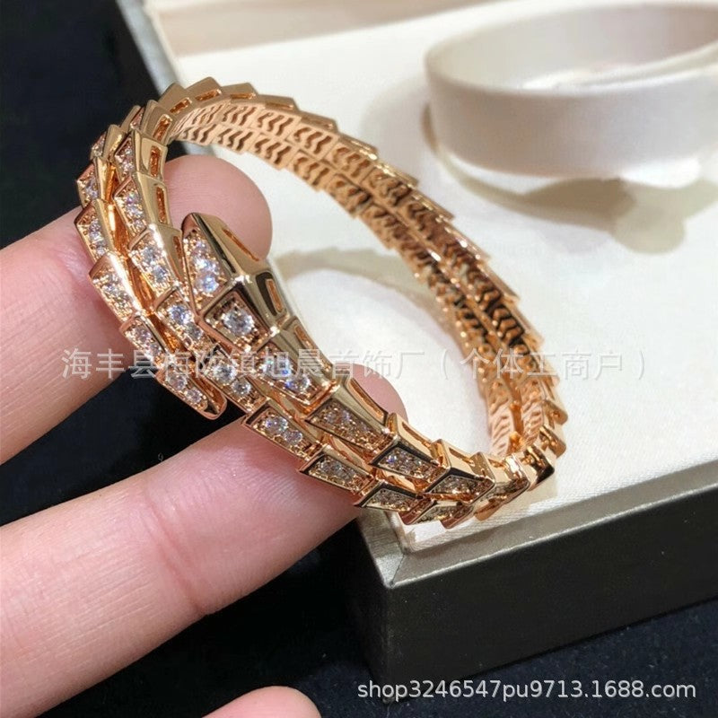 Snake-Shaped Bracelet for Women, Alloy Plated with 18K Rose Gold, Three Circles, V Multi-Circle Niche Design Bracelet, Snake Bone Head, Simple Full Diamond