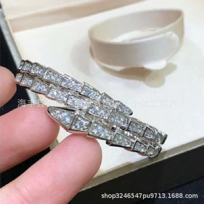 Snake-Shaped Bracelet for Women, Alloy Plated with 18K Rose Gold, Three Circles, V Multi-Circle Niche Design Bracelet, Snake Bone Head, Simple Full Diamond
