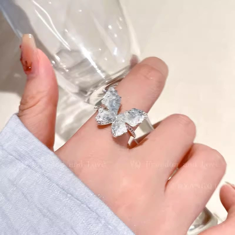 Summer Ice Blue Butterfly Opening Ring Women's Niche Design Light Luxury High-end Finger Ring 2024 New Explosions