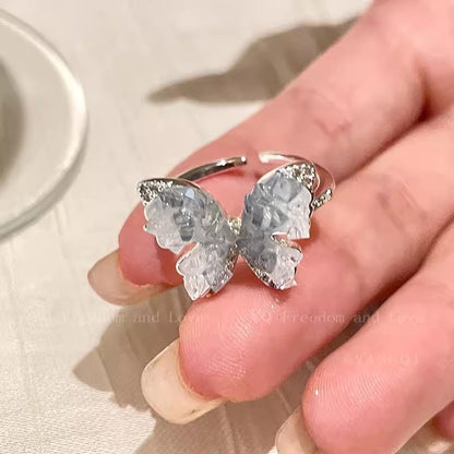 Summer Ice Blue Butterfly Opening Ring Women's Niche Design Light Luxury High-end Finger Ring 2024 New Explosions