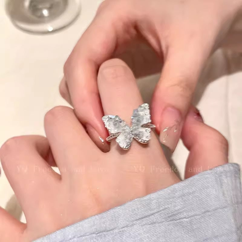 Summer Ice Blue Butterfly Opening Ring Women's Niche Design Light Luxury High-end Finger Ring 2024 New Explosions