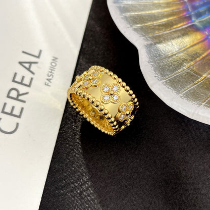 V gold high version thick plated 18K mi gold four-leaf clover kaleidoscope flower petal ring personality ring factory outlet