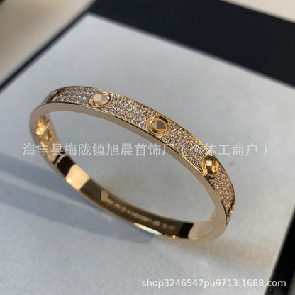 High Version Classic LOVE Gypsophila Three Row Diamond Full Diamond Couple Bracelet Wide Version Thick 18K Rose Gold Plating