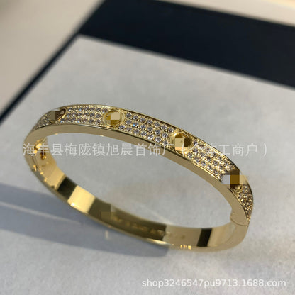 High Version Classic LOVE Gypsophila Three Row Diamond Full Diamond Couple Bracelet Wide Version Thick 18K Rose Gold Plating