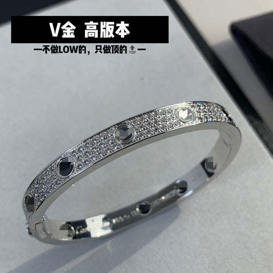 High Version V Gold Classic LOVE Thick 18K Rose Gold Plating Wide Version Three Rowed Diamond Gipsophila Black Nail Couple Bracelet