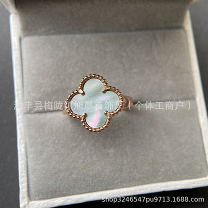 Fanjia Ins High-Version Four-Leaf Clover with Diamond Christmas Lucky Four-Leaf Clover Ring White Fritillary Peacock Green Manufacturers Send on Behalf.