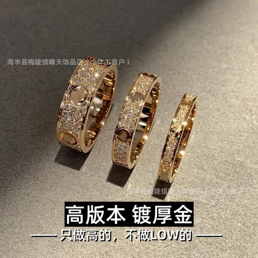 High-End Baby's Breath Ring Plated with 18K Thick Gold Couple Ring Mini Diamond-Set Two-Row Three-Row Diamond Manufacturer Wholesale