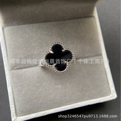 Fanjia Ins High-Version Four-Leaf Clover with Diamond Christmas Lucky Four-Leaf Clover Ring White Fritillary Peacock Green Manufacturers Send on Behalf.