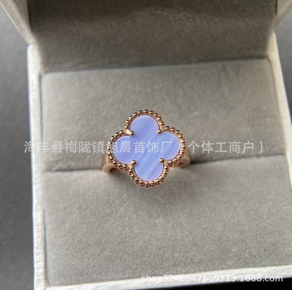 Fanjia Ins High-Version Four-Leaf Clover with Diamond Christmas Lucky Four-Leaf Clover Ring White Fritillary Peacock Green Manufacturers Send on Behalf.