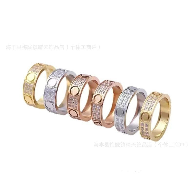 High-End Baby's Breath Ring Plated with 18K Thick Gold Couple Ring Mini Diamond-Set Two-Row Three-Row Diamond Manufacturer Wholesale