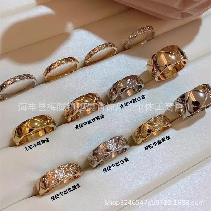 Coco Diamond Plaid Ring Light Luxury 18k Gold Diamond Inspired Stacked Wearing Wide and Narrow Edition High-end Small Chanel Style Couple Ring