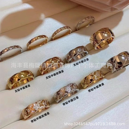 Coco Diamond Plaid Ring Light Luxury 18k Gold Diamond Inspired Stacked Wearing Wide and Narrow Edition High-end Small Chanel Style Couple Ring