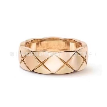 Coco Diamond Plaid Ring Light Luxury 18k Gold Diamond Inspired Stacked Wearing Wide and Narrow Edition High-end Small Chanel Style Couple Ring