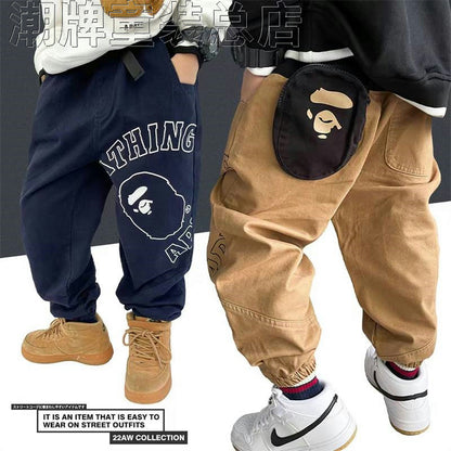 Japanese Fashion Brand BAPE Children's Clothing Autumn New Boys' Three-Dimensional Cartoon Pocket Overalls Woven Trousers Casual Pants