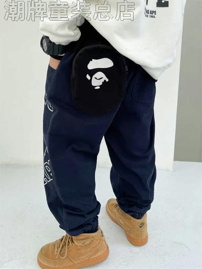 Japanese Fashion Brand BAPE Children's Clothing Autumn New Boys' Three-Dimensional Cartoon Pocket Overalls Woven Trousers Casual Pants