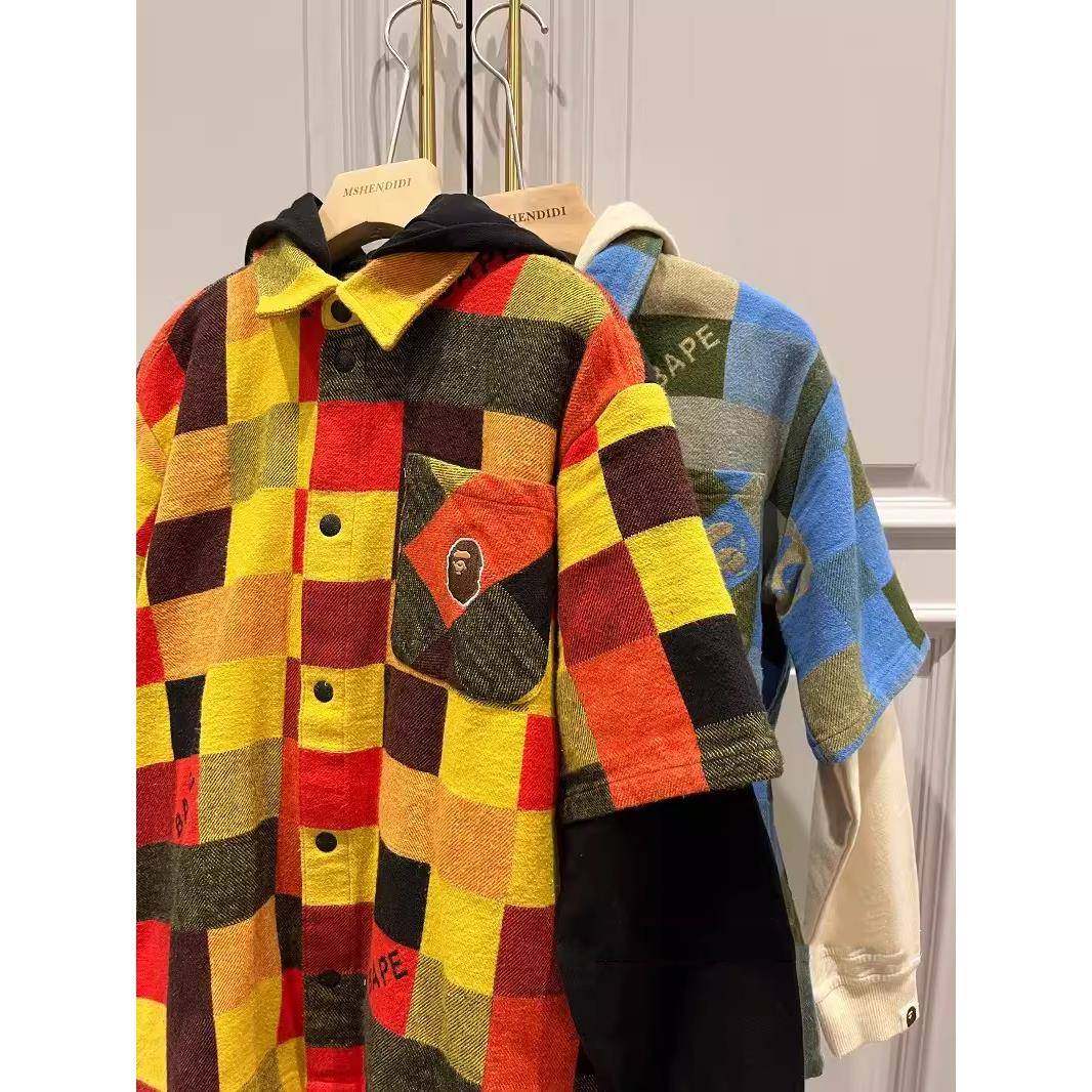 Japanese Fashion Brand BAPE Children's Clothing 24 Spring and Autumn New Ape Head Plaid Boys and Girls Fake Two-Piece Sweater Hooded Jacket
