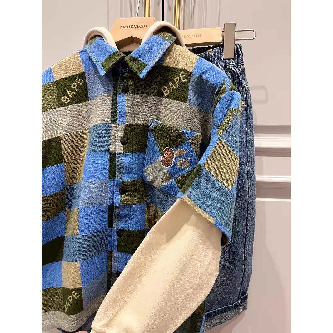 Japanese Fashion Brand BAPE Children's Clothing 24 Spring and Autumn New Ape Head Plaid Boys and Girls Fake Two-Piece Sweater Hooded Jacket