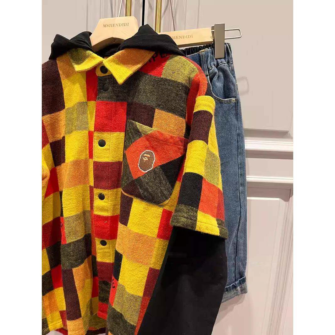 Japanese Fashion Brand BAPE Children's Clothing 24 Spring and Autumn New Ape Head Plaid Boys and Girls Fake Two-Piece Sweater Hooded Jacket