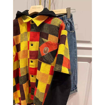Japanese Fashion Brand BAPE Children's Clothing 24 Spring and Autumn New Ape Head Plaid Boys and Girls Fake Two-Piece Sweater Hooded Jacket