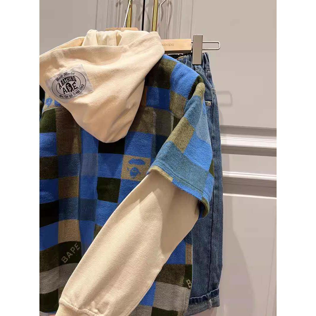 Japanese Fashion Brand BAPE Children's Clothing 24 Spring and Autumn New Ape Head Plaid Boys and Girls Fake Two-Piece Sweater Hooded Jacket