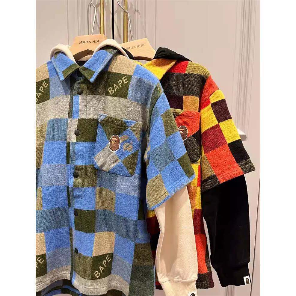 Japanese Fashion Brand BAPE Children's Clothing 24 Spring and Autumn New Ape Head Plaid Boys and Girls Fake Two-Piece Sweater Hooded Jacket