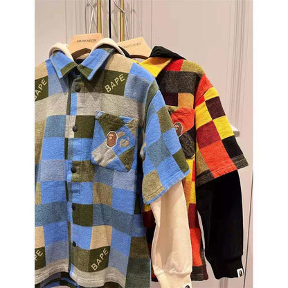 Japanese Fashion Brand BAPE Children's Clothing 24 Spring and Autumn New Ape Head Plaid Boys and Girls Fake Two-Piece Sweater Hooded Jacket