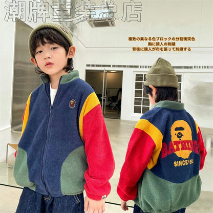 Japanese BAPE Children's Clothing 2024 Autumn and Winter New Fashion Brand Boys' Stitching Contrast Color Embroidered Coat Autumn and Winter Warm Coat