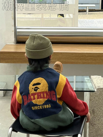 Japanese BAPE Children's Clothing 2024 Autumn and Winter New Fashion Brand Boys' Stitching Contrast Color Embroidered Coat Autumn and Winter Warm Coat