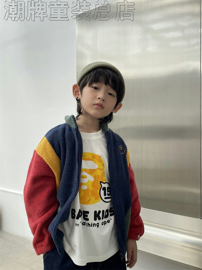 Japanese BAPE Children's Clothing 2024 Autumn and Winter New Fashion Brand Boys' Stitching Contrast Color Embroidered Coat Autumn and Winter Warm Coat