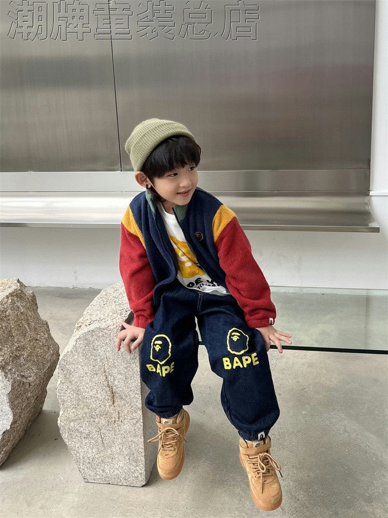 Japanese BAPE Children's Clothing 2024 Autumn and Winter New Fashion Brand Boys' Stitching Contrast Color Embroidered Coat Autumn and Winter Warm Coat