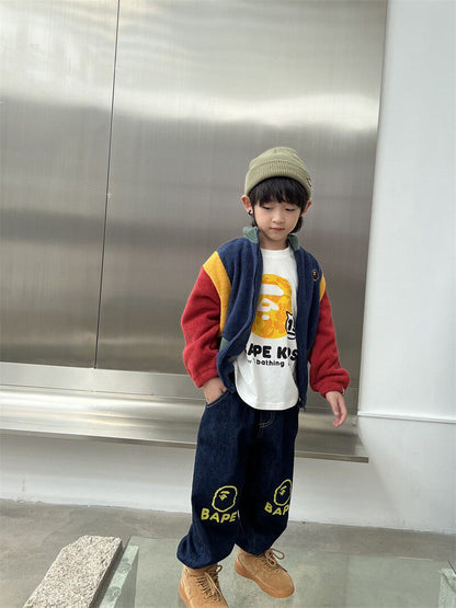 Japanese BAPE Children's Clothing 2024 Autumn and Winter New Fashion Brand Boys' Stitching Contrast Color Embroidered Coat Autumn and Winter Warm Coat