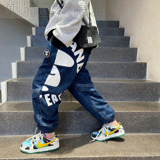Japanese Fashion Brand BAPE Children's Clothing Autumn and Winter New Boys and Girls Side Large Letter Trousers Children's Casual Denim Trousers