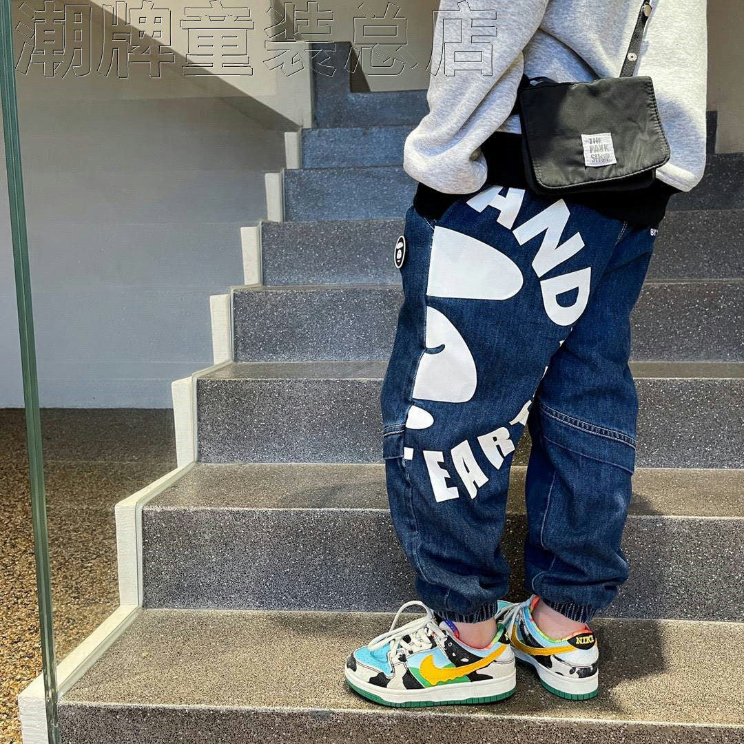 Japanese Fashion Brand BAPE Children's Clothing Autumn and Winter New Boys and Girls Side Large Letter Trousers Children's Casual Denim Trousers
