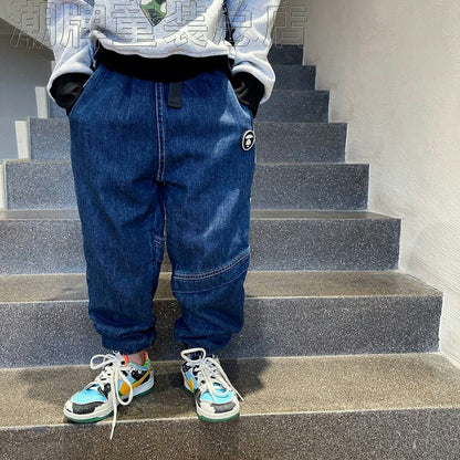 Japanese Fashion Brand BAPE Children's Clothing Autumn and Winter New Boys and Girls Side Large Letter Trousers Children's Casual Denim Trousers