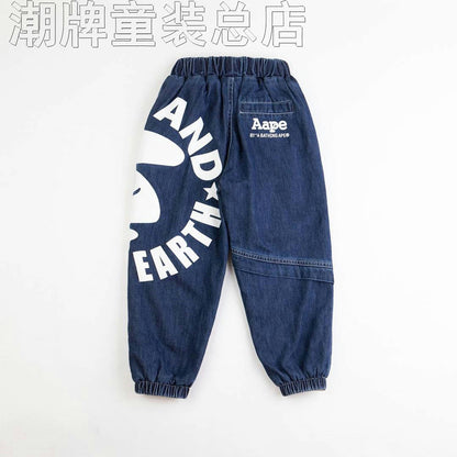 Japanese Fashion Brand BAPE Children's Clothing Autumn and Winter New Boys and Girls Side Large Letter Trousers Children's Casual Denim Trousers
