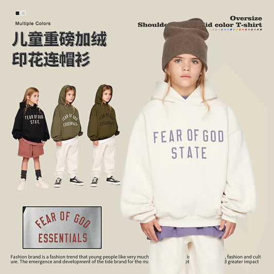 Autumn and Winter New ESSENTIALS Children's Letter Printed Hooded fleece-lined Sweater Boys' Girls' Loose Hoodie