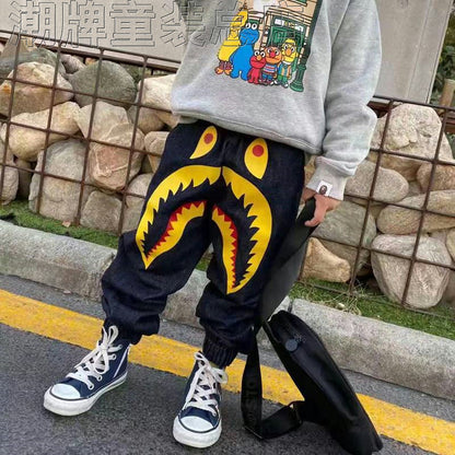 Japanese BAPE Children's Clothing Boys' Pants Spring and Autumn Yellow Shark Girls' Jeans Big Boy Casual Pants Outer Trousers