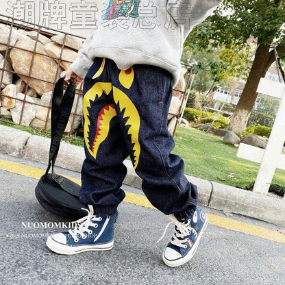 Japanese BAPE Children's Clothing Boys' Pants Spring and Autumn Yellow Shark Girls' Jeans Big Boy Casual Pants Outer Trousers