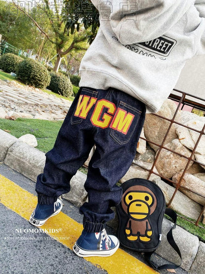 Japanese BAPE Children's Clothing Boys' Pants Spring and Autumn Yellow Shark Girls' Jeans Big Boy Casual Pants Outer Trousers