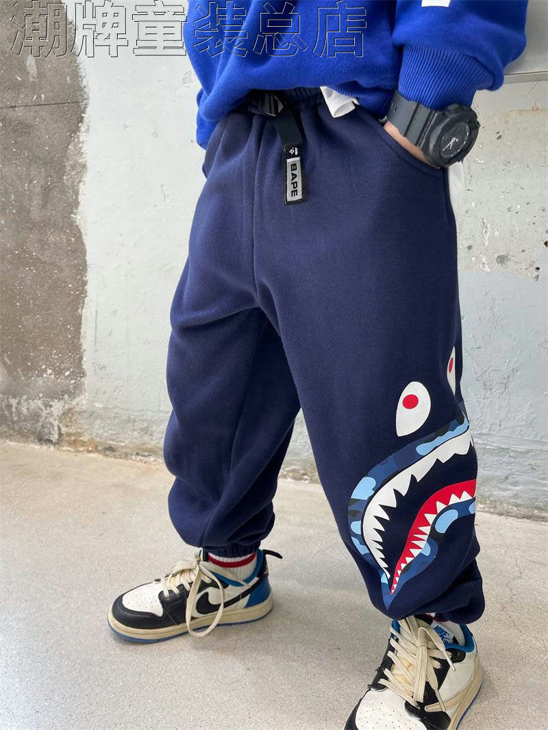 Fashion Brand BAPE Children's Clothing Winter New Boys' Warm Fleece-Lined Trousers Children's Cotton Shark Sports Casual Sweatpants